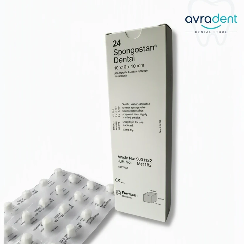 جعبه و بلیستر اسفنج ژلاتینی جذب‌شدنی اسپونگوستان دنتال Spongostan Dental، ابعاد ۱۰×۱۰×۱۰ میلی‌متر، هموستاتیک دندانپزشکی